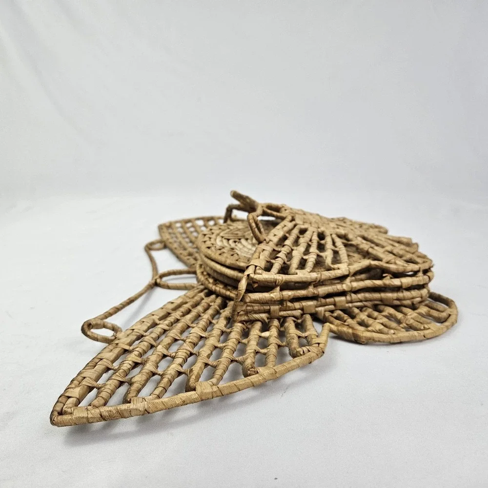 Vitage Boho Wicker Butterfly Trivet Wall Pocket Hanging Weaved Rattan Basket MCM